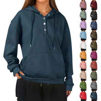 Женская модная повседневная толстовка с длинными рукавами, застежкой на полпуговицы, капюшоном, однотонная толстовка с карманом
