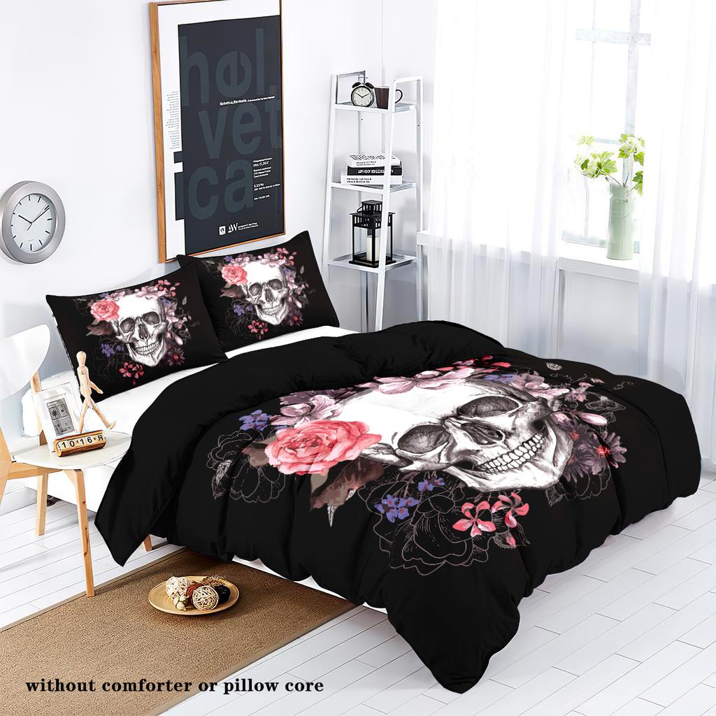 Комплект пододеяльника из трех частей с принтом в виде черепов и цветов (1 пододеяльник+2 наволочки, без наполнителя) Комплект постельного белья на тему Хэллоуина