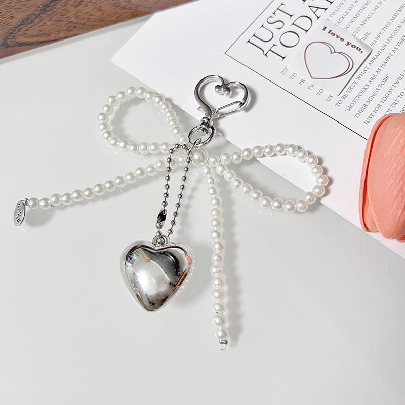 Sweet Bowknot Heart Keychain Pendant Lovely Beaded Hanging Decorations Keyring Charm Phone Lanyard Phone Charm Bag Pendant