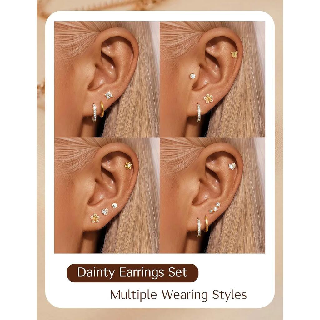 Bobisty Серьги-гвоздики с плоской задней стороной из хирургической стали для женщин, набор серег-гвоздиков в виде сердца и цветка, покрытых 14-каратным золотом, кольца, серьги для хряща, набор для пирсинга