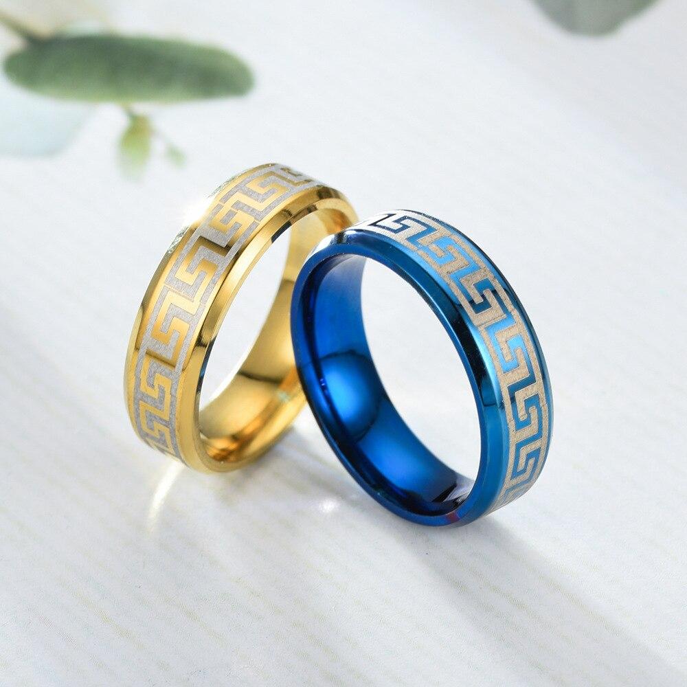 6mm Vintage Laser Great Wall Pattern Stainless Steel Rings for Men Womem Titanium Steel Couple Ring Wedding Jewelry Party Gift