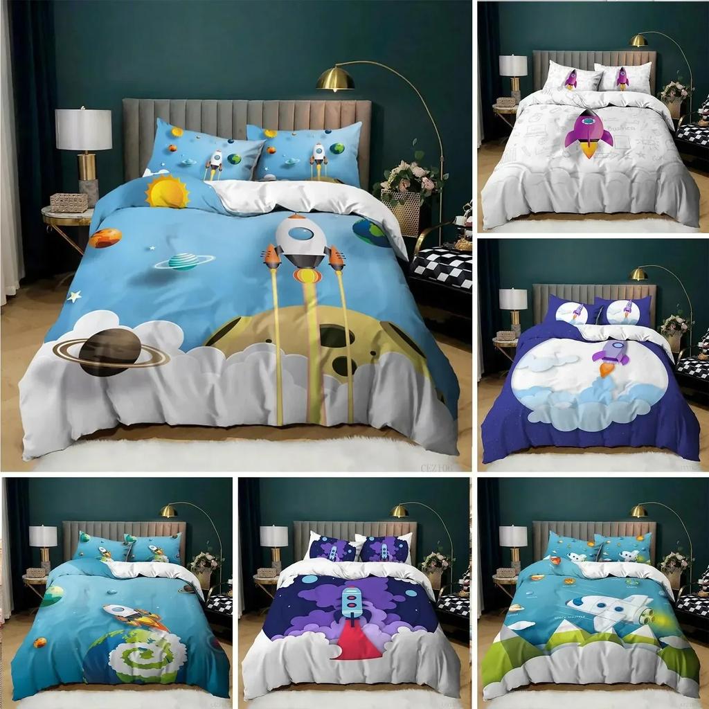 Top 3D Cartoon Duvet Cover Set Science Fiction Space Themed With Earth And Rocket,Decorative Bedding Set,Queen Size Quilt Cover