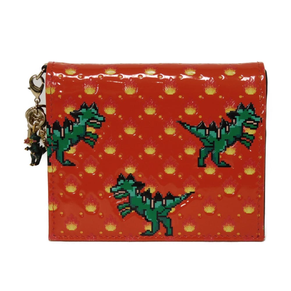 Used 10656 Dragon & Fire Compact Wallet 7941 Patent Embossed Multicolor Logo Charm Orange Red Unisex from Japan