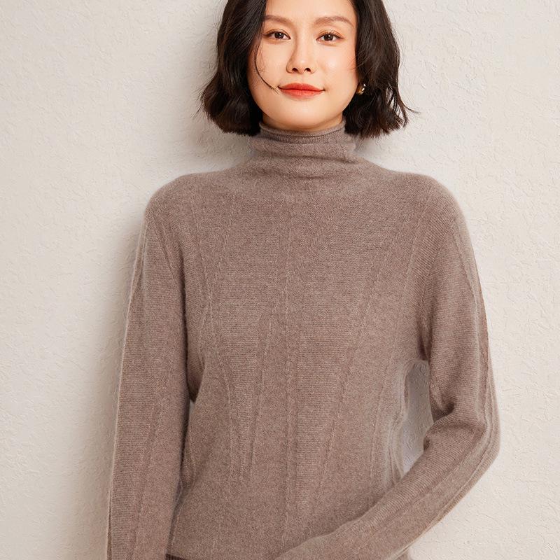 Женский кашемировый свитер с воротником-стойкой и обратной вязкой в корейском стиле 2024