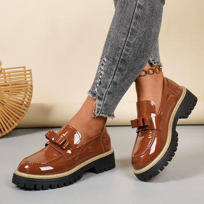 2025 Зима Новые Туфли на плоской подошве с бантом Большого размера Маффин Британский стиль Маленькие кожаные туфли для женщин