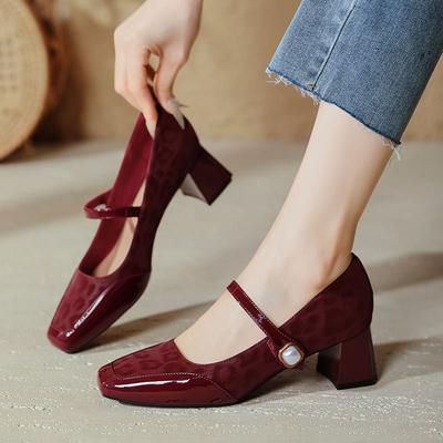 Французские туфли Мэри Джейн толстый каблук красные высокие каблуки 2025 новые квадратный носок большой размер леопардовый принт ретро высокие каблуки одинарные туфли