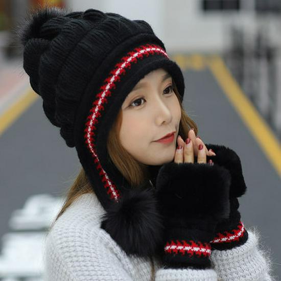 Women's Winter Velvet Rabbit Fur Knitted Wool Hat with Fur Ball and Earmuffs Beret.