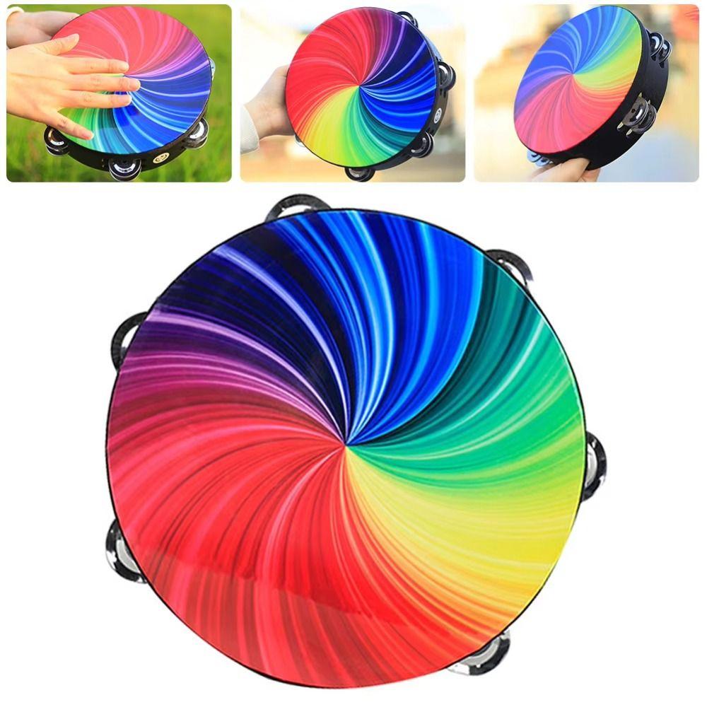 Двухрядный ручной барабан Радужное дерево Детский барабан Прочный тамбурин Музыкальный инструмент