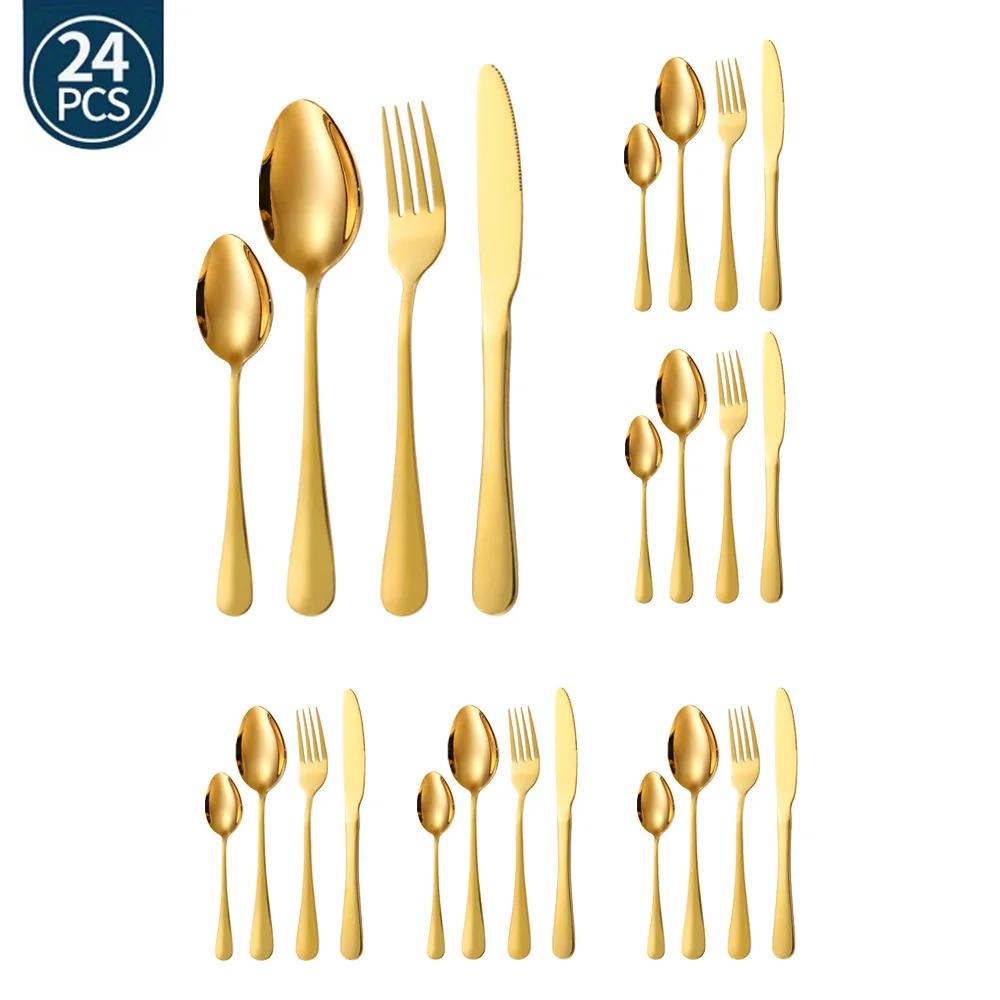 24Pcs Green Gold Tableware Set Stainless Steel Cutlery Kitchen Dinnerware Knife Fork Spoon Restaurant Wedding Flatware Set
