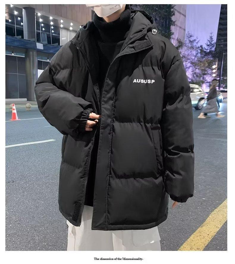 Hong Kong Style Men’s Thick Winter Stand Collar Jacket – Loose Fit, Solid Color, Printed Trendy Design