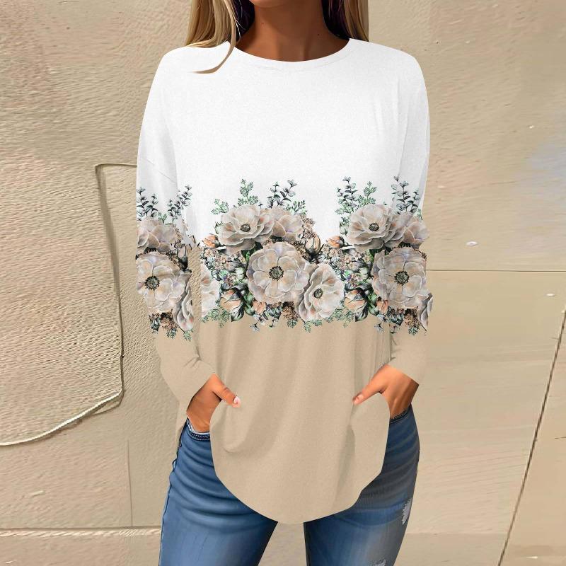 Повседневный топ с круглым вырезом и длинным рукавом, цветочная модная женская футболка большого размера с 3D-принтом, женские осенние свободные топы