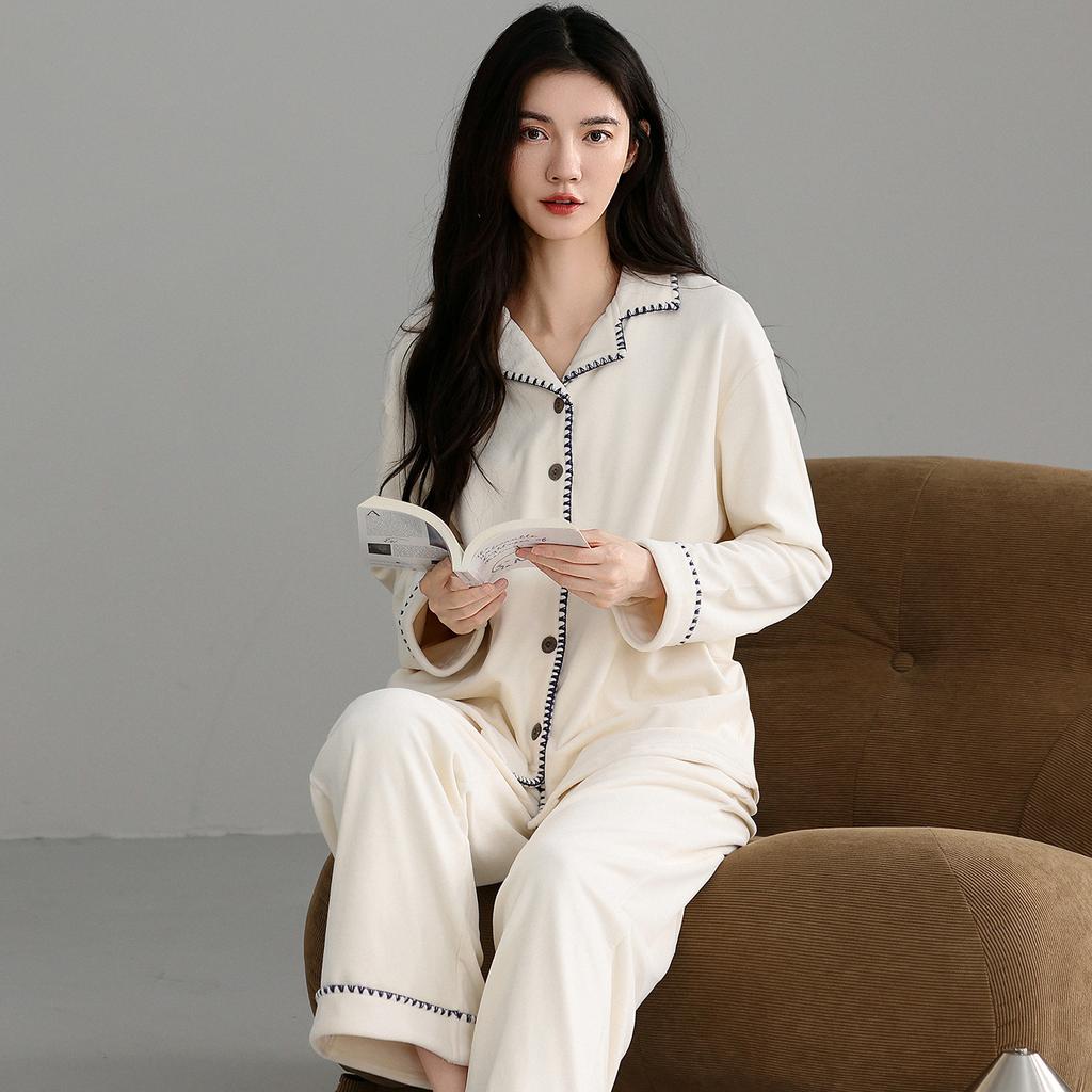 Пижама из флиса Island Женская Осенне-зимняя Зимняя Тонкий флис Кардиган С длинным рукавом Лацкан Коралловый флис Теплый Домашний костюм Комплект