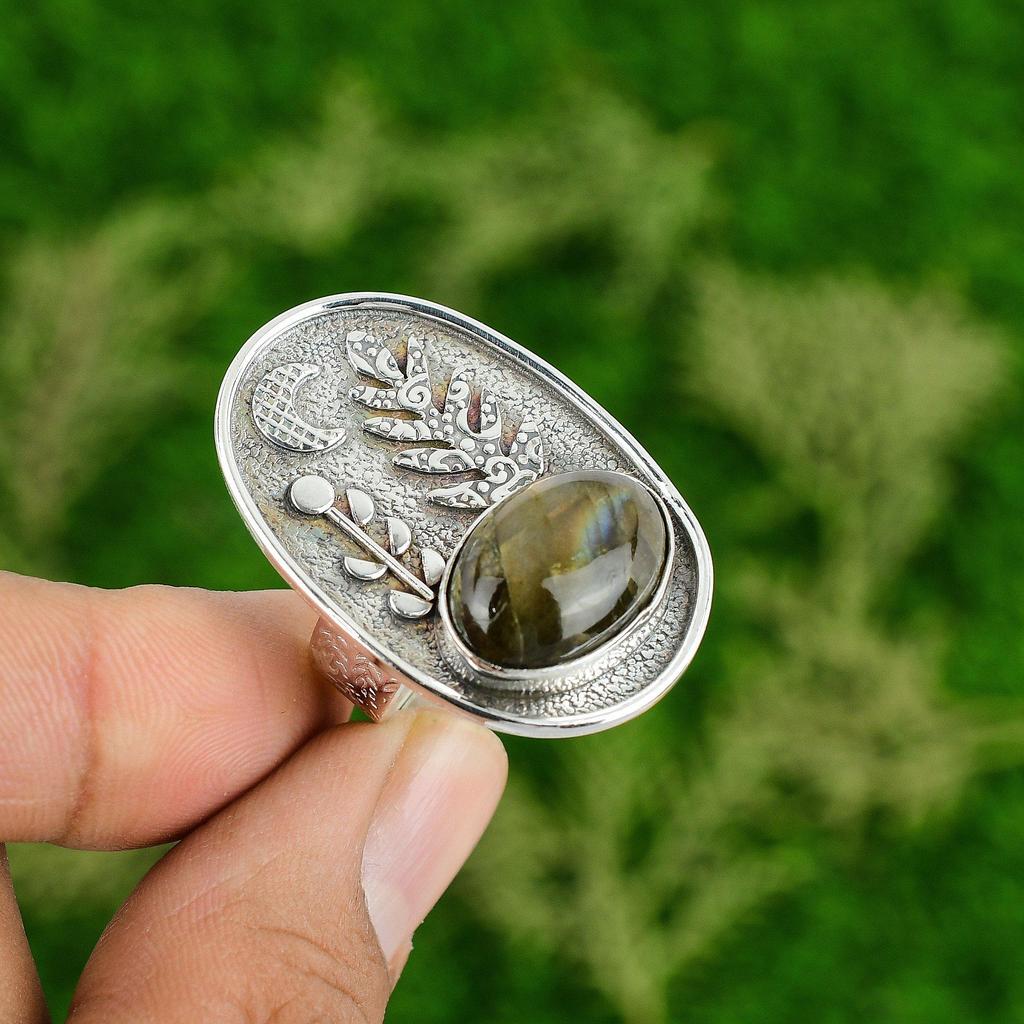Natural Labradorite Gemstone Promise Green Adjustable Ring 925 Sterling Silver