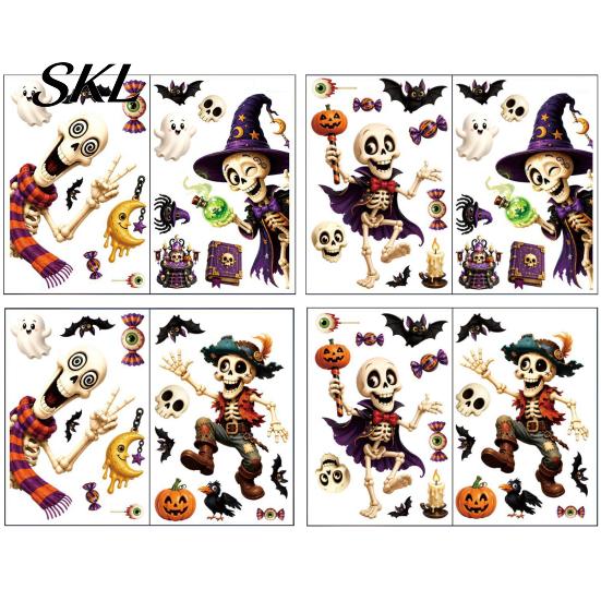 Halloween Window Stickers 2 Sheets Clings, Cartoon Skeleton Static Stickers, Funny Bat And Pumpkin Decals Ghosts Bats Pumpkins for Glass Doors Windows