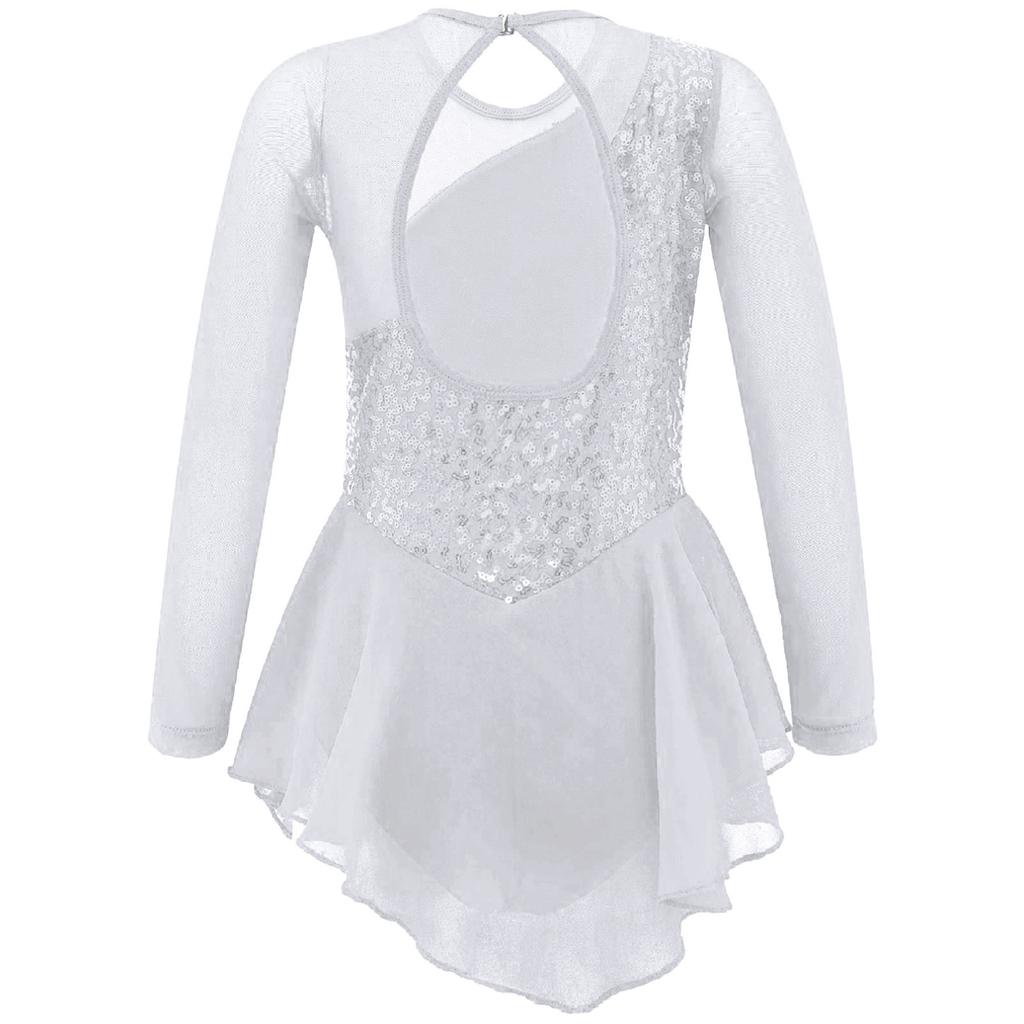 Платье-купальник с блестящими пайетками и длинными рукавами для девочек, замочная скважина на спине, балетное платье для танцев, гимнастики, платье для фигурного катания на коньках, танцевальная одежда