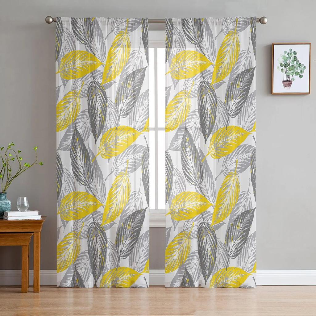 Yellow-Gray Leaves Texture Sheer Curtains For Living Room Bedroom Tulle Curtain For Kitchen Voile Curtain Blind Panels