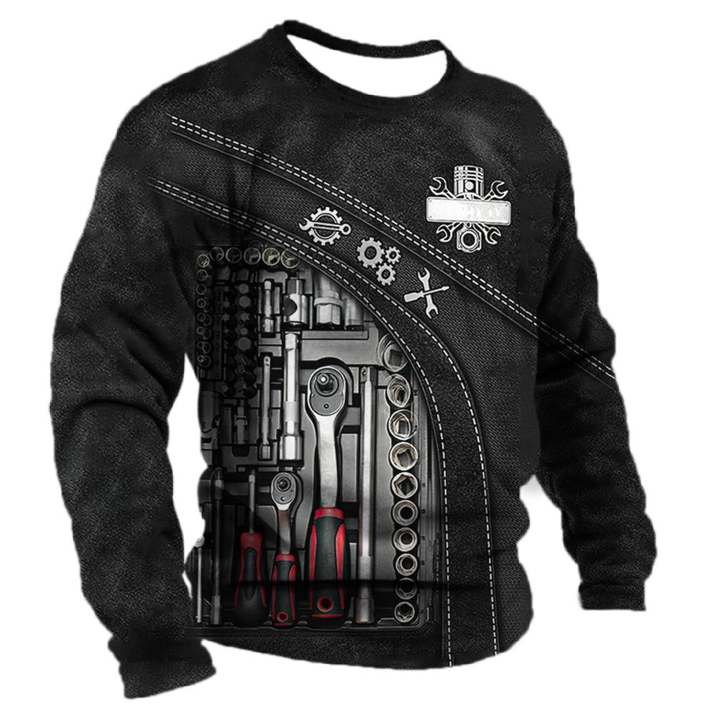 Vintage Mechanic T Shirt For Men Mechanic Tools Printed Long Sleeve Tee Pullover Male Round Neck Street Oversized Cotton T-shirt