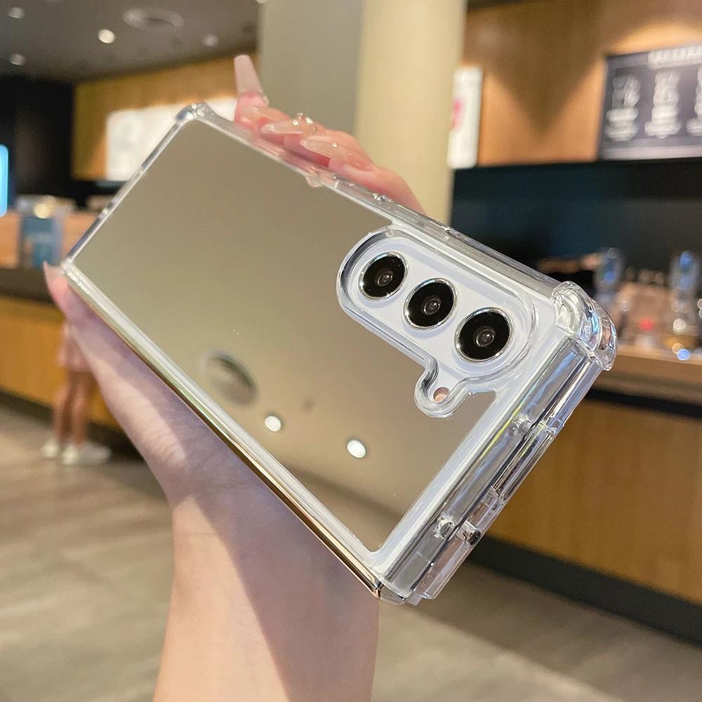 Girl Makeup Mirror Airbag Bumper Case for Samsung Galaxy Z Fold 7 6 5 4 3 Fold 7 Z Fold 6 5 Plating Mirror Cover Z Fold 7