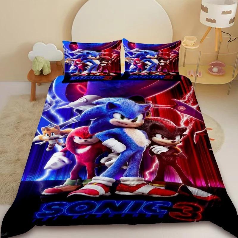 Cartoon Kids Sonic Duvet Cover Cool Anime Bedding Set Comforter Cover with 1/2 Pillowcase Queen King Bedroom Children Teens