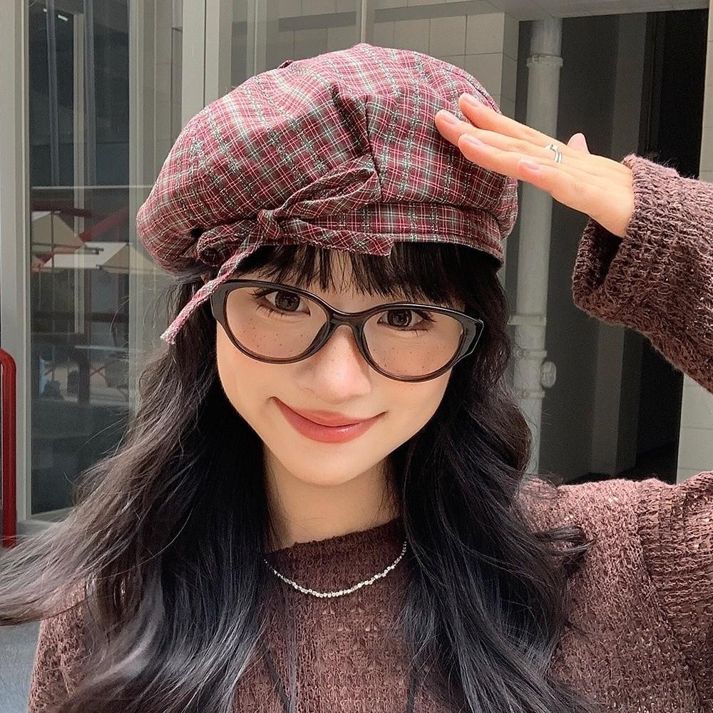 Женская шляпа художника в корейском стиле с бантом, женская восьмиугольная кепка, милый клетчатый берет, для улицы