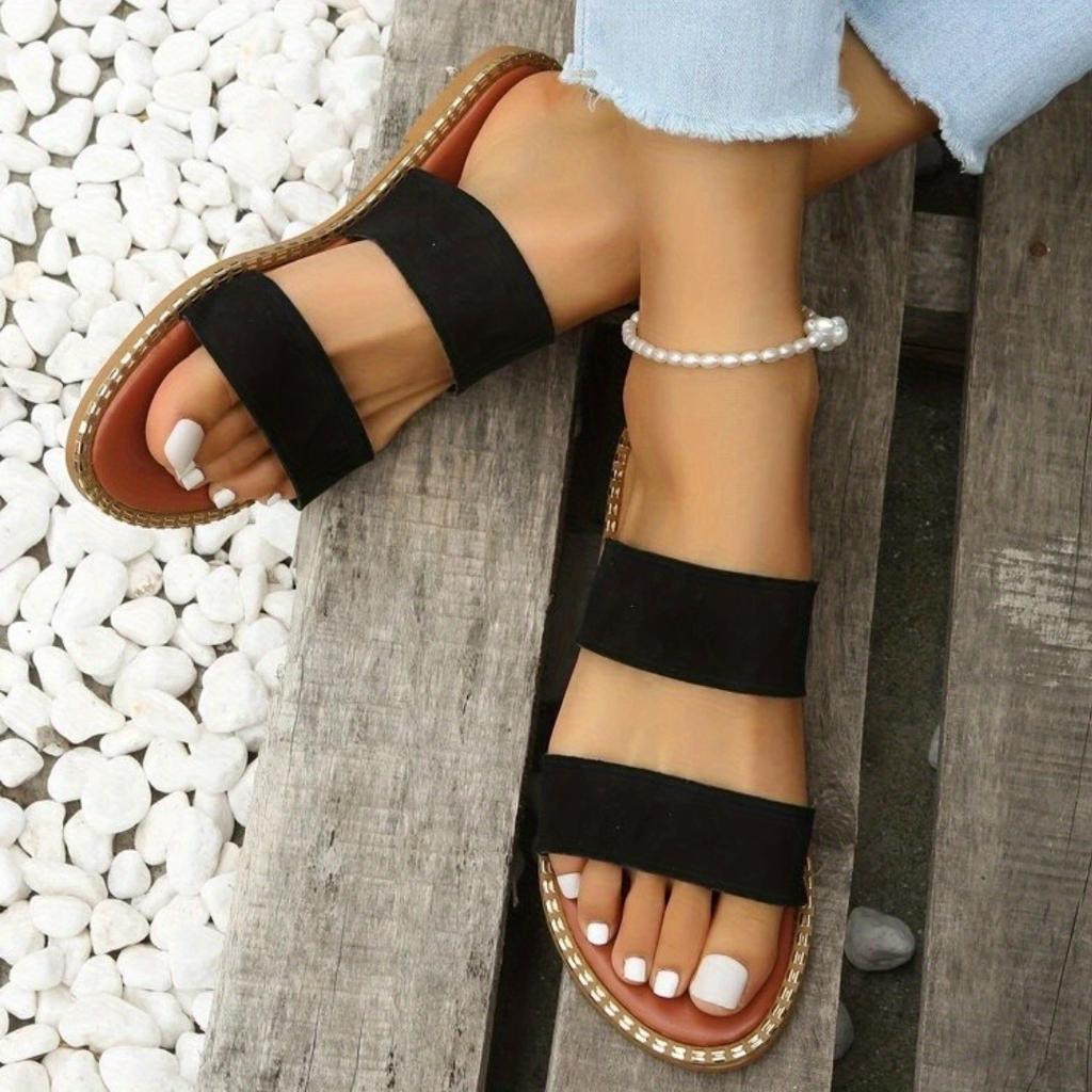 Женские шлепанцы на плоской подошве с двойным ремешком, противоскользящие туфли без шнуровки с круглым носком, универсальные пляжные шлепанцы на открытом воздухе