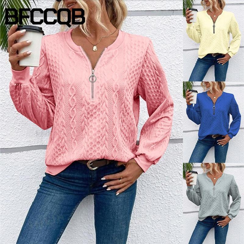 BFCCQB Women's Fashion Casual Solid Color Print Autumn Winter V-Neck Long Sleeve Hoodie