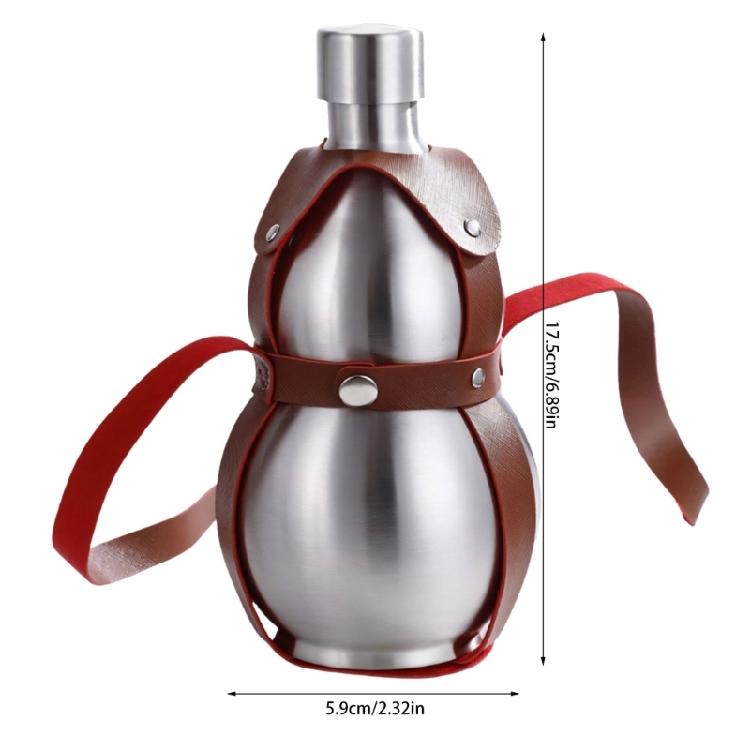Silver 500ml Stainless Steel Travel Gourd Shape Water Bottle With Practical Carry Leather Strap Whiskeys Liquor Flask