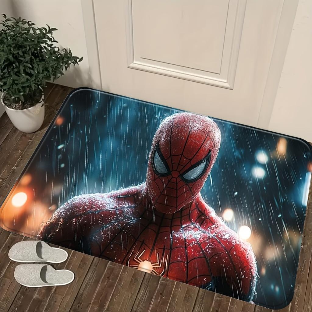 Authorized 1pc Cartoon Printed Mat, Red And Black Spider-Web Battle Suit Hero Standing in City Lights in Rainy Night, Easy to