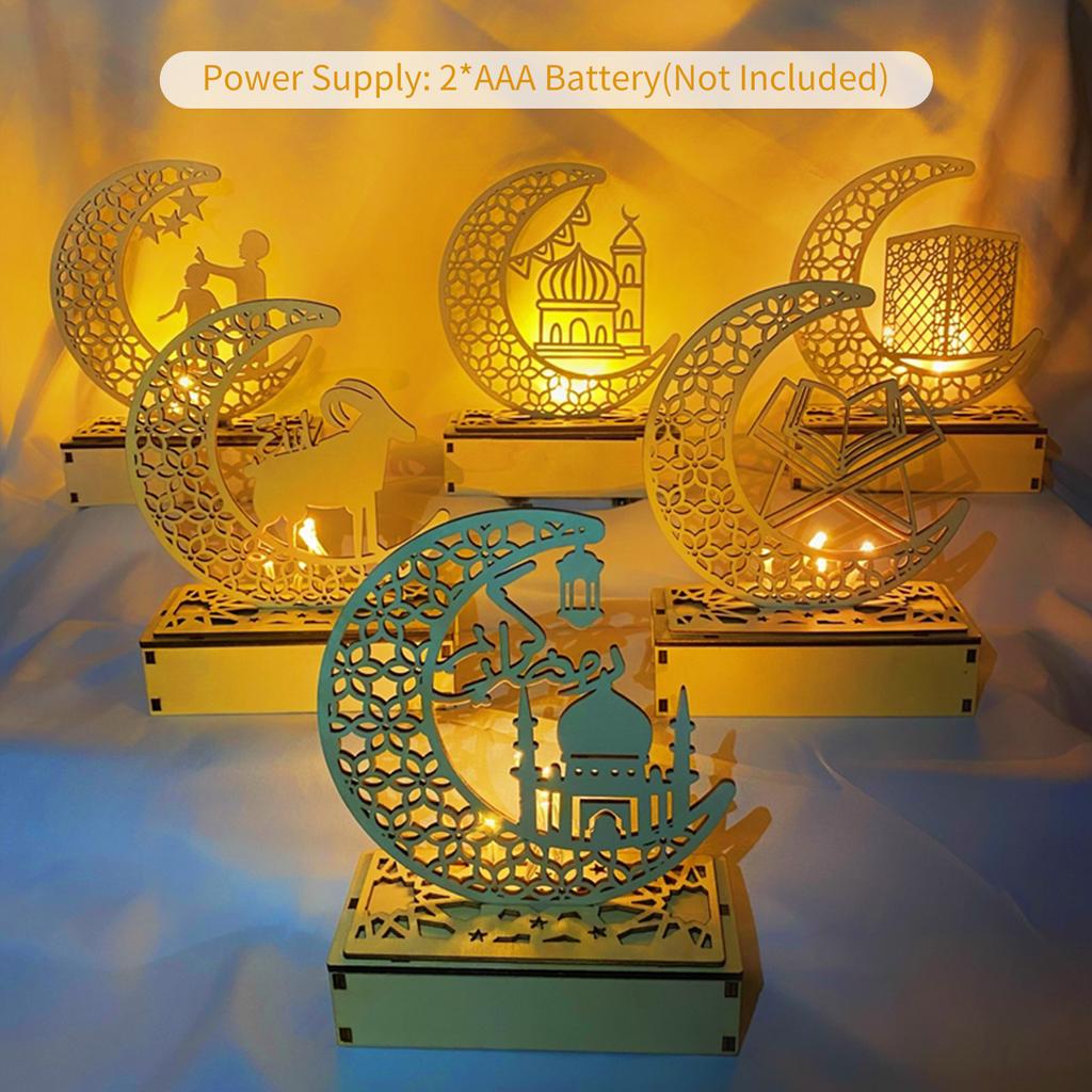 Eid Ramadan Night Lights Wooden Moon Light Ramadan Eid Mubarak Desk Lamp Crescent Party LED Fairy