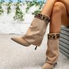 Women's Shoes Leopard Print Splicing Light Coffee Flannel Short Boots Pointed Stiletto Versatile Temperament Fashion Boots 2025