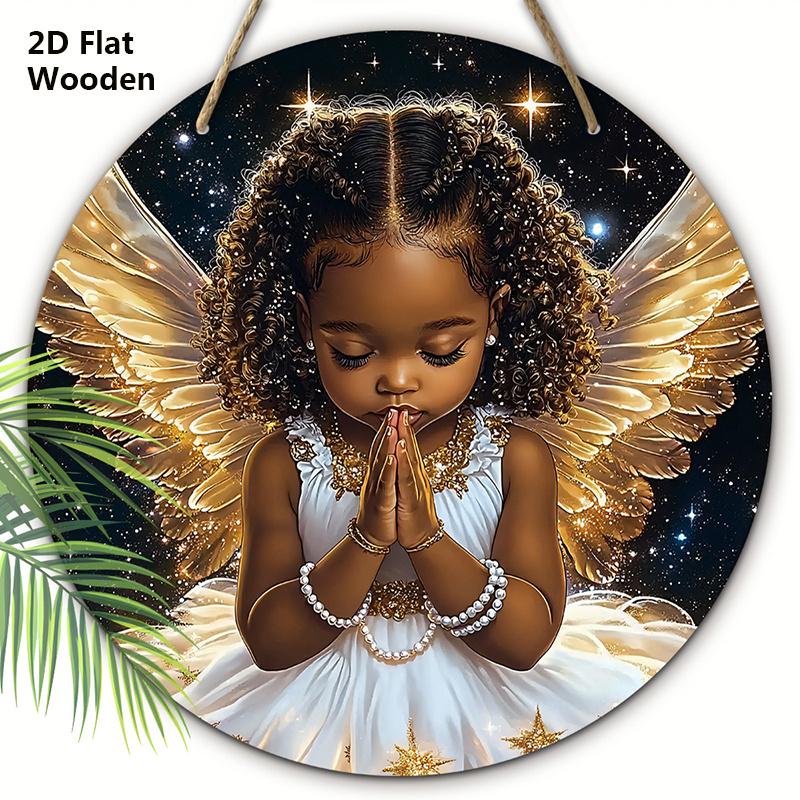 Деревянная табличка «Черный ангел с золотыми крыльями» - Круглая табличка «Ангел» для декора на дверь или стену - Идеальное домашнее подвесное украшение