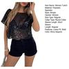 Women T-shirt Round Neck Short Sleeve Shiny Sequins Tee Shirt Loose Fit Hollow Design Casual Breathable Tops