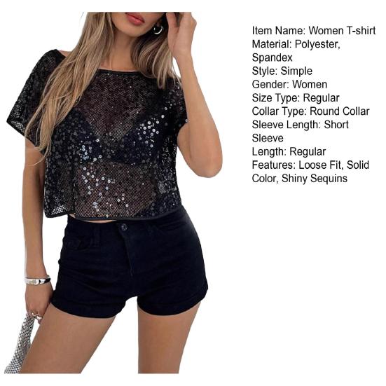 Женская футболка с круглым вырезом и коротким рукавом, блестящие пайетки, свободный крой, повседневные дышащие топы