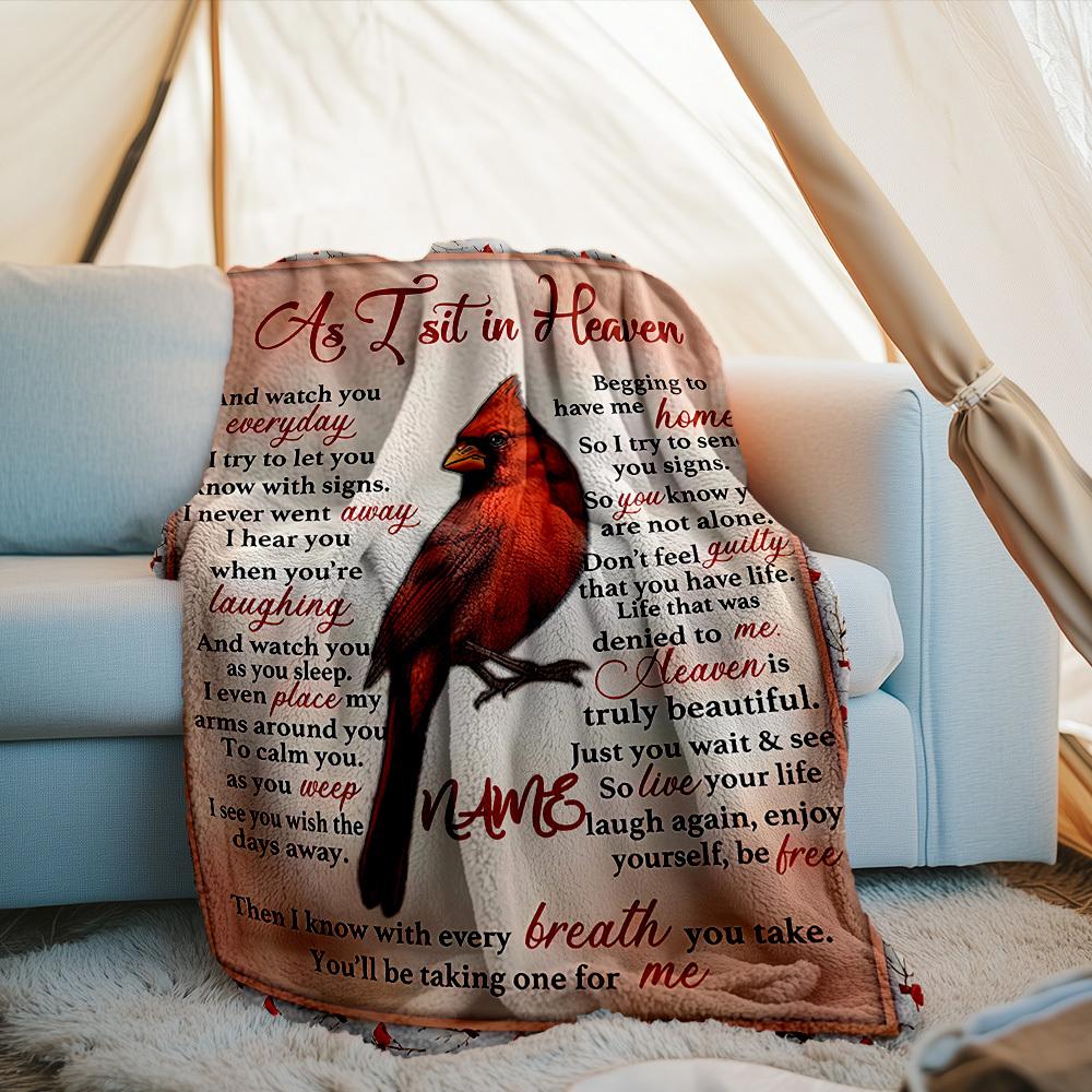 As I Sit In Heaven Cardinal Poem Outdoor Customize Your Name Blanket Soft Cozy Lightweight Multiseason Use For Camping Picnics Couch Office Bed Living