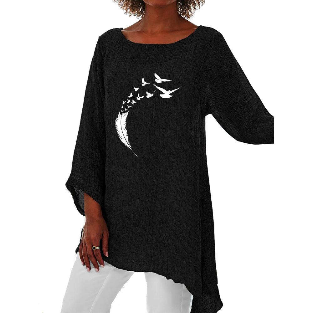 Женская модная свободная рубашка на весну и лето, повседневная льняная рубашка с длинным рукавом 3/4 и тонким верхом с принтом, большие размеры с круглым воротником