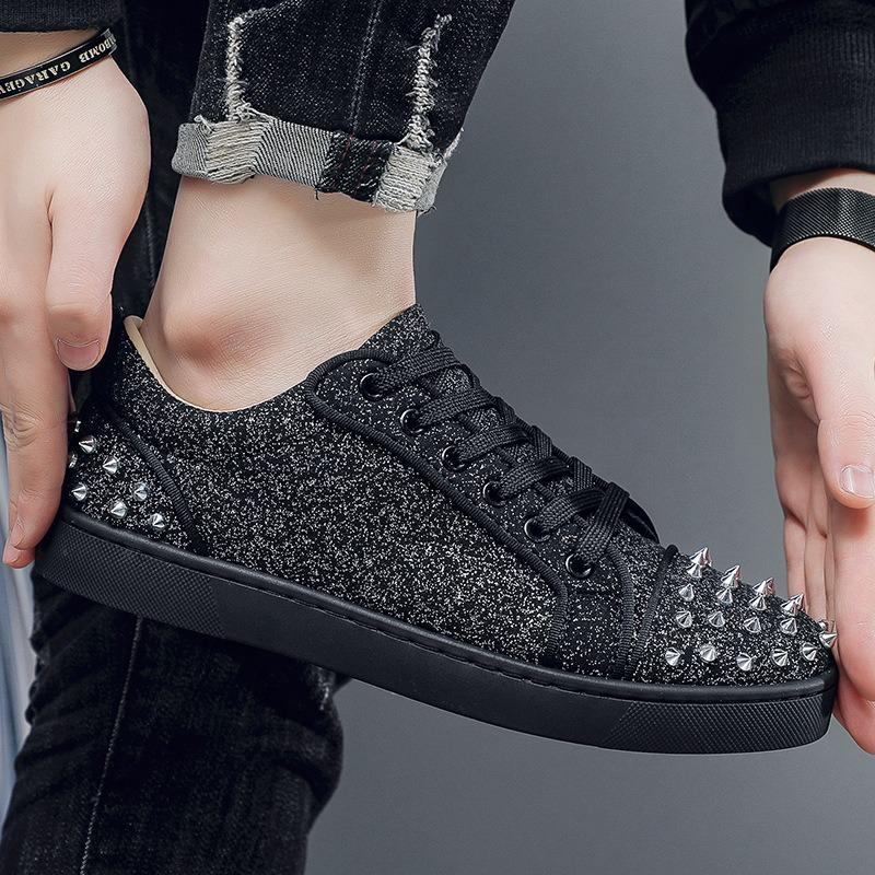 Модный тренд Клепки Горячие бриллианты Ночной клуб Кожаная обувь Мужская Красная подошва Повседневная обувь Дух Общество Парень Кеды