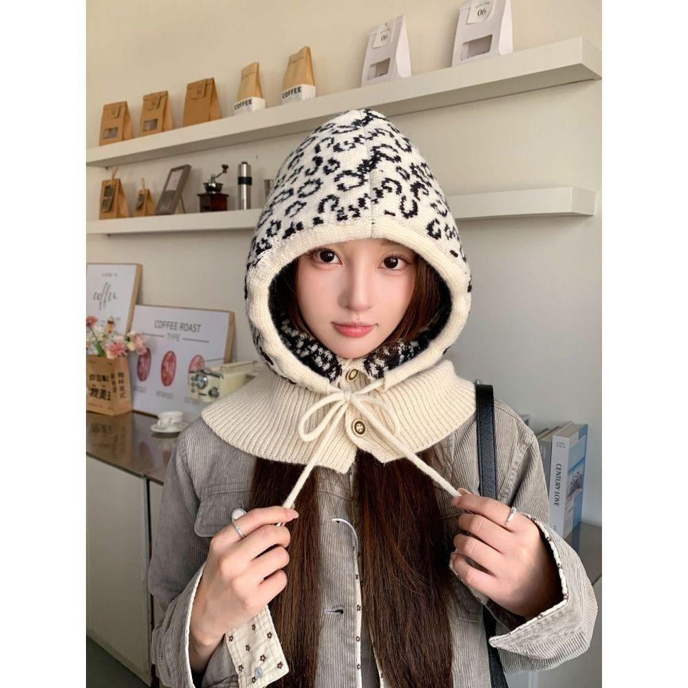 Windproof 2-in-1 Hat Neck Scarf Acrylic Blend Knitted Hood Hat Leopard Balaclava Hat Fall Winter