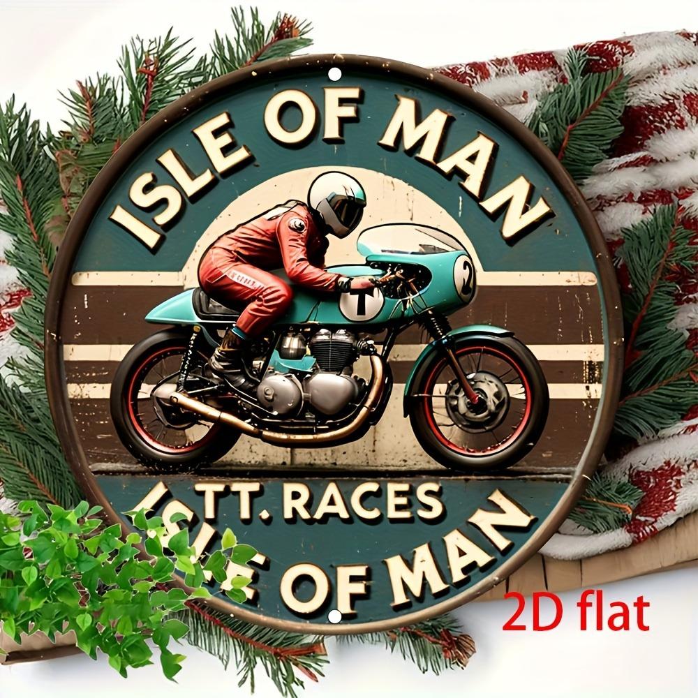 Vintage Isle of Man TT Races D Flat Metal Decor x Round Aluminum Sign Garage Cafe Race Theme Plaque