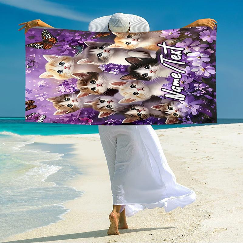 1PC Custom Name Butterflies Kittens Beach Towel Highly Absorbent And Sand-Resistant Towel for Swimming, Pool, Yoga, And Travel Lightweight