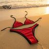 Sexy Swimwear Women Triangle Bikini Set, Halter Tie Top & High Cut Thong, Summer Two Beach Set Piece Swimsuit, Contrast Color Bathing Suit for