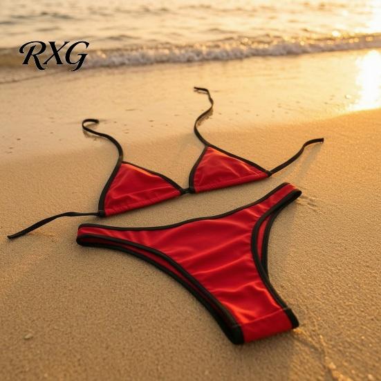 Sexy Swimwear Women Triangle Bikini Set, Halter Tie Top & High Cut Thong, Summer Two Beach Set Piece Swimsuit, Contrast Color Bathing Suit for