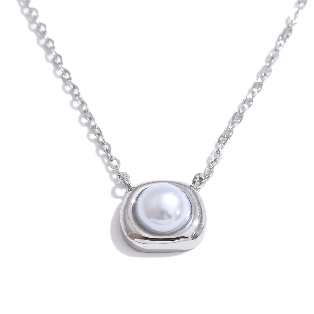 Yhpup Stainless Steel Imitation Pearl Square Pendant Necklace Korean Style Stylish Daily Wear Chic Jewelry Wholesale