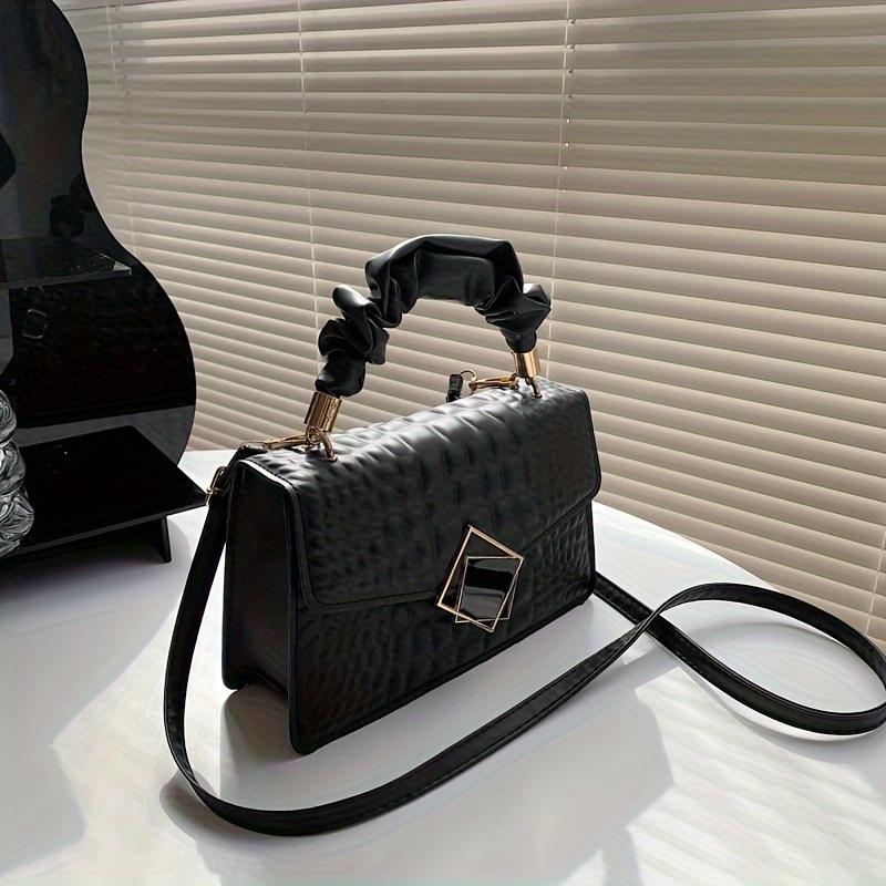 Trendy Crocodile Pattern Handbag, Top Ruched Handle Square Wallet for Women, Solid Color Textured Bag