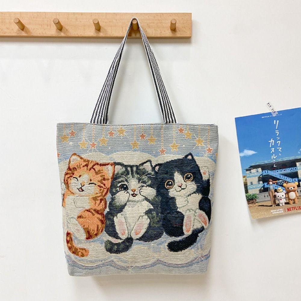 Large Capacity Cute Cat Cloth Bag Dog Animal Shoulder Bag Casual Ethnic Style Handbag Ladies