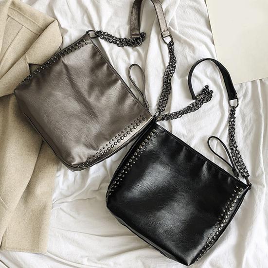 Casual Women Solid Color Rivet Chain Shoulder Bag Faux Leather Crossbody Pouch