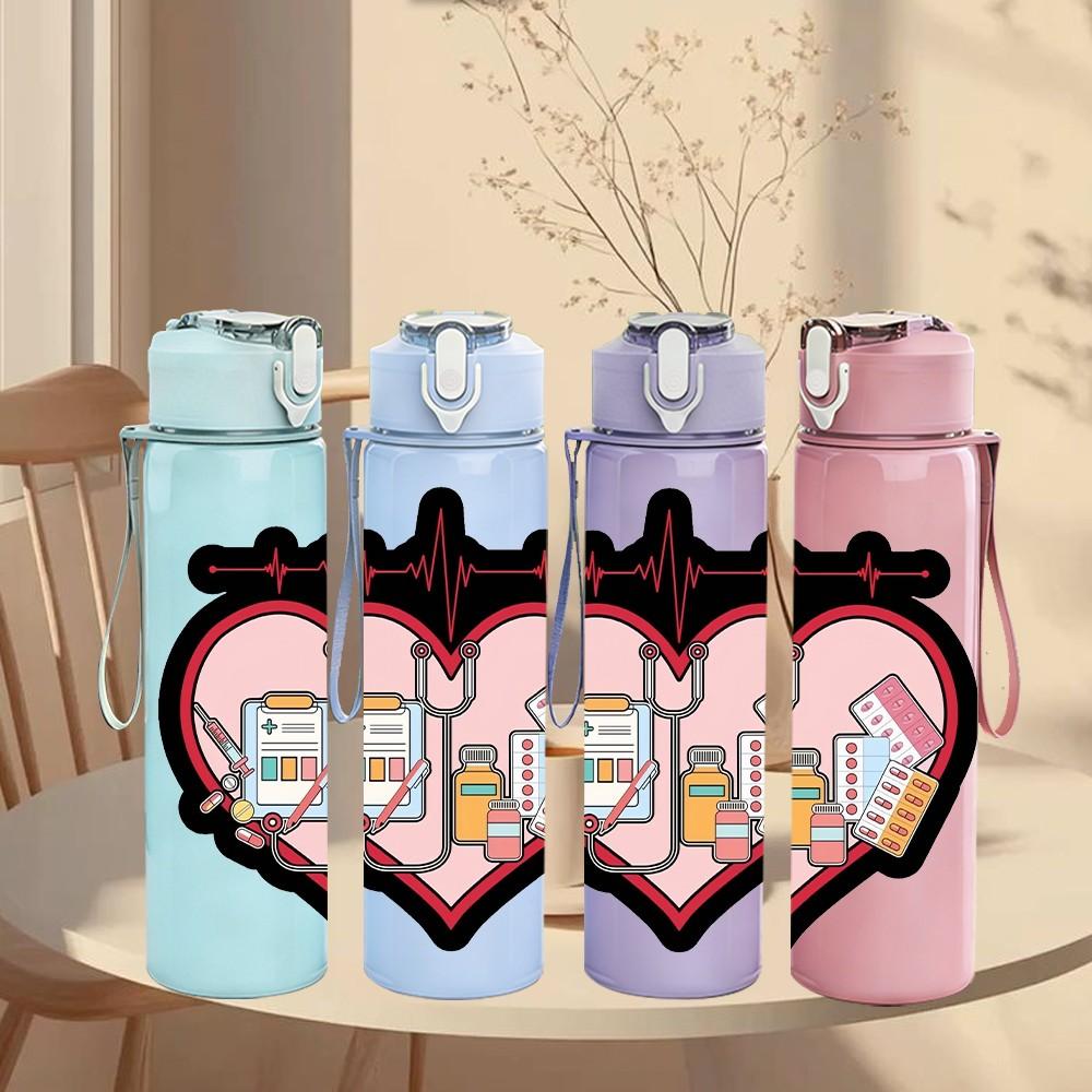1PC Heart Lock Vintage Valentine Art Print 750ml Color Plastic Sports Water Bottle Leakproof Flip Straw Lid Suitable for Sports Office Home Use