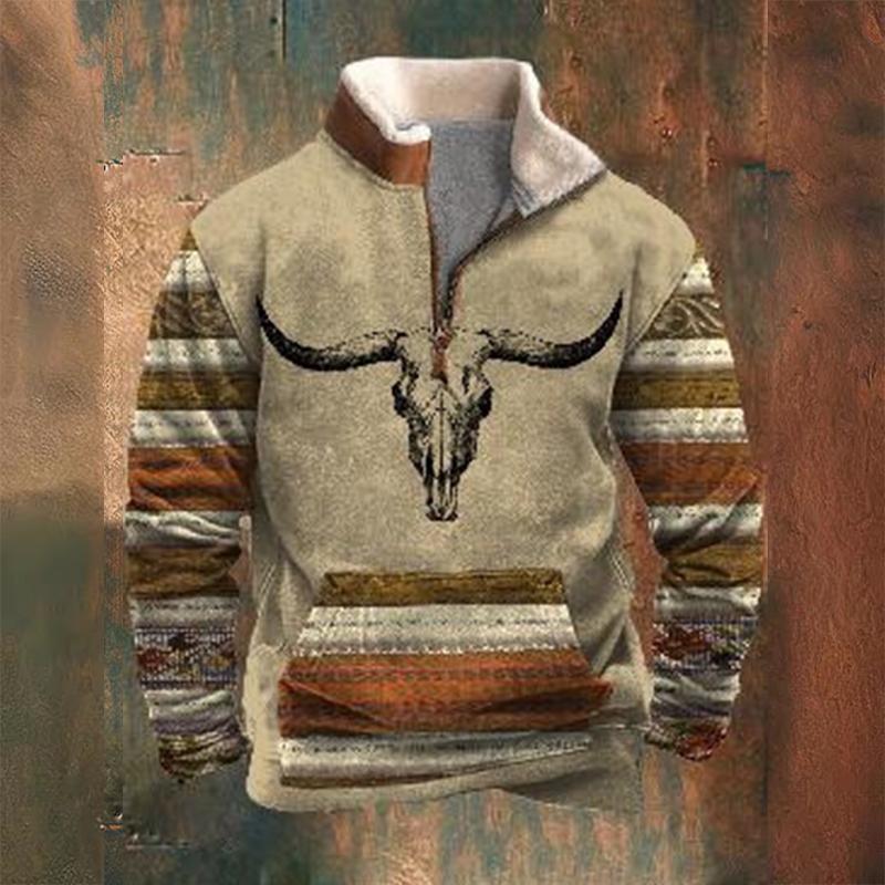 Мужская флисовая куртка в стиле вестерн, ковбойский свитер с принтом головы быка, застежка-молния на 1/4, воротник-стойка, длинный рукав, толстовки в деревенском стиле, пальто-пуловеры
