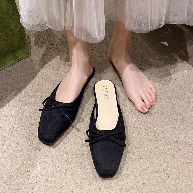 Retro Bow Thick Heel Half Slippers Women's Shoes Spring New One-pedal Ballet Half Drag Single Shoes