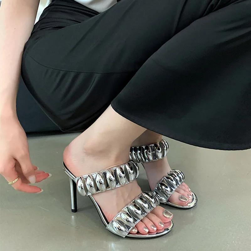 Fashion Luxury Metal Decorative Mules Slippers Women Summer Sexy Open Toe Elegant Thin High Heels Pumps Patent Leather Slide Sandals