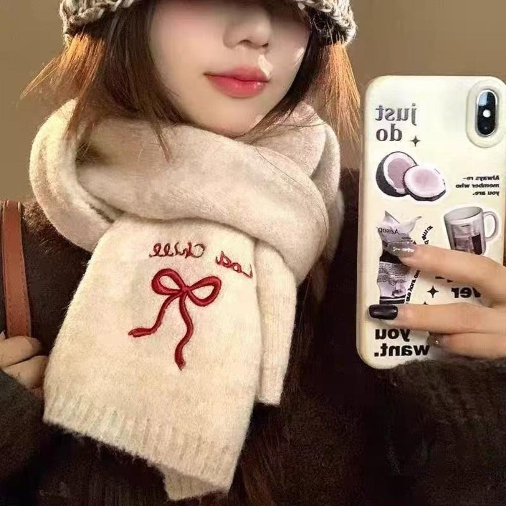 Bow Embroidered Neck Warmer Thicken Knitted Scarf Soft Shawl Outdoor